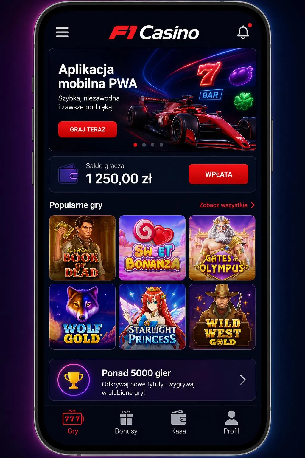 Aplikacja mobilna F1 Casino 20 euro