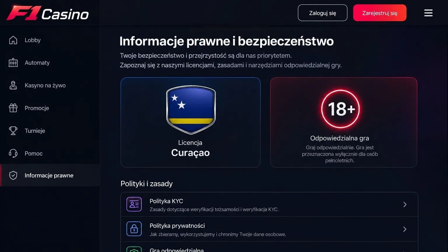 Informacje prawne o F1 Casino Polska